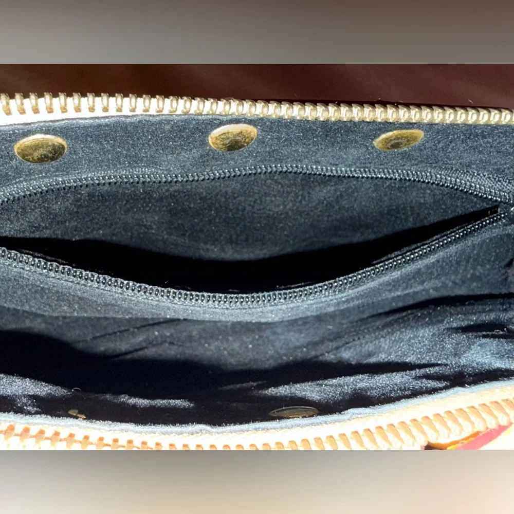 Black Multicolor Studded Monogram Shoulder Bag Tan Trim Bow Detail W Bag Chain! - Picture 12 of 12